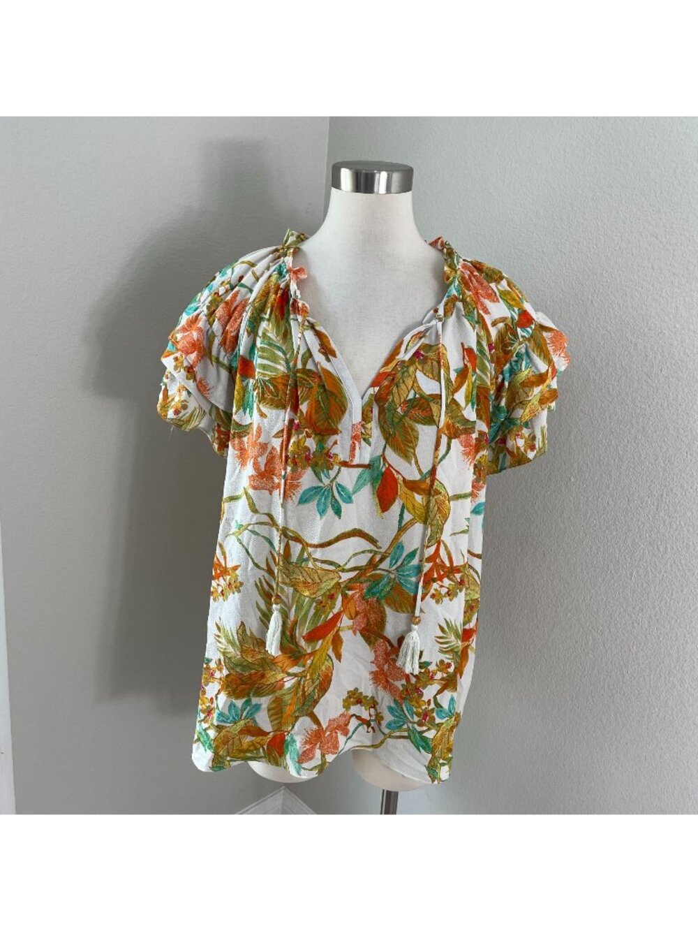 Rose+Olive Womens Plus 2X Floral Peasant Blouse Short Sleeve V Neck Ruffle Trim
